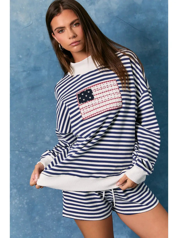 Stripe Mockneck Sweatshirts with American Flag