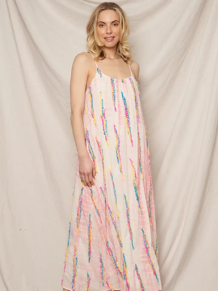 Multicolor Tie-Dye Embroidered Cami Maxi Dress