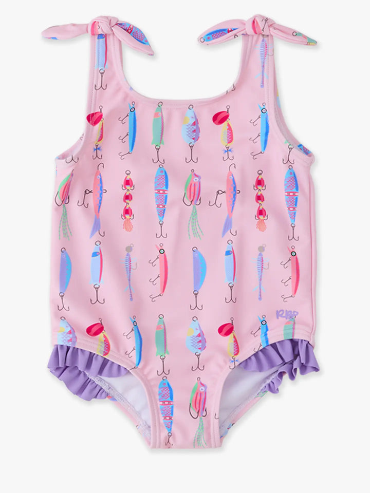 Girls Pink Gone Fishin Tie Shoulder One Piece Swimsuit