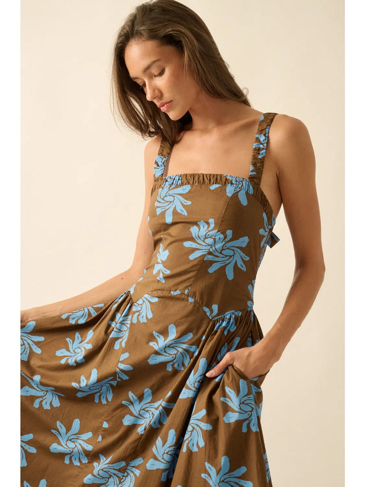 Floral Cotton Drop-Waist Fit-And-Flare Pocket Midi Dress