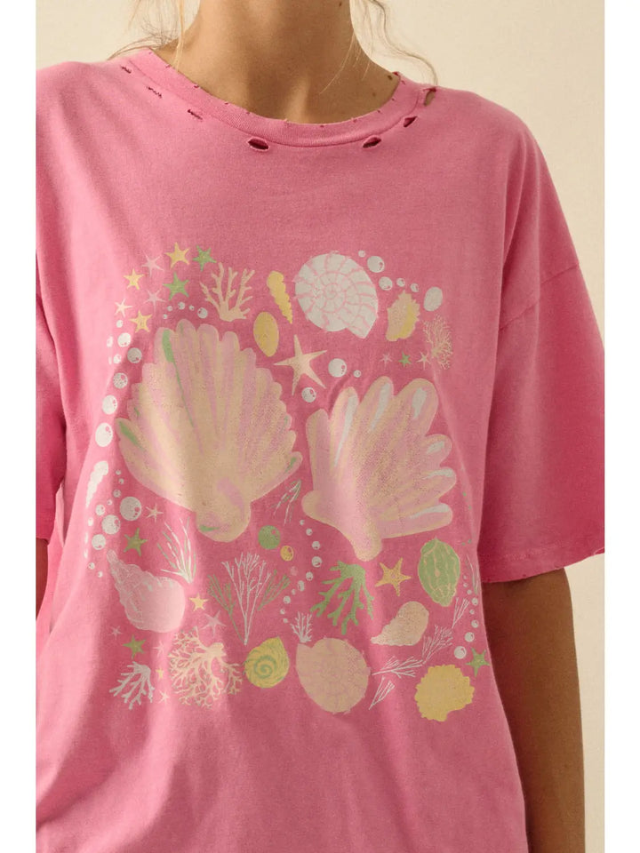 Seashells Distressed Oversize Graphic Tee