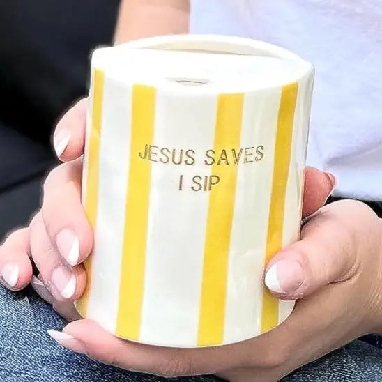 Christian Travel Mug | "Jesus Saves I Sip" Coffee Cup, Yellow Stripes, Gold Lettering