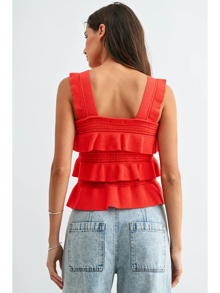 Red Ruffled Knit Sleeveless Top