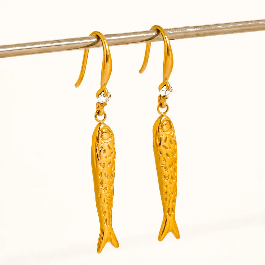 Calypsa 18K Gold Non-Tarnish Fish Charm Drop Earrings