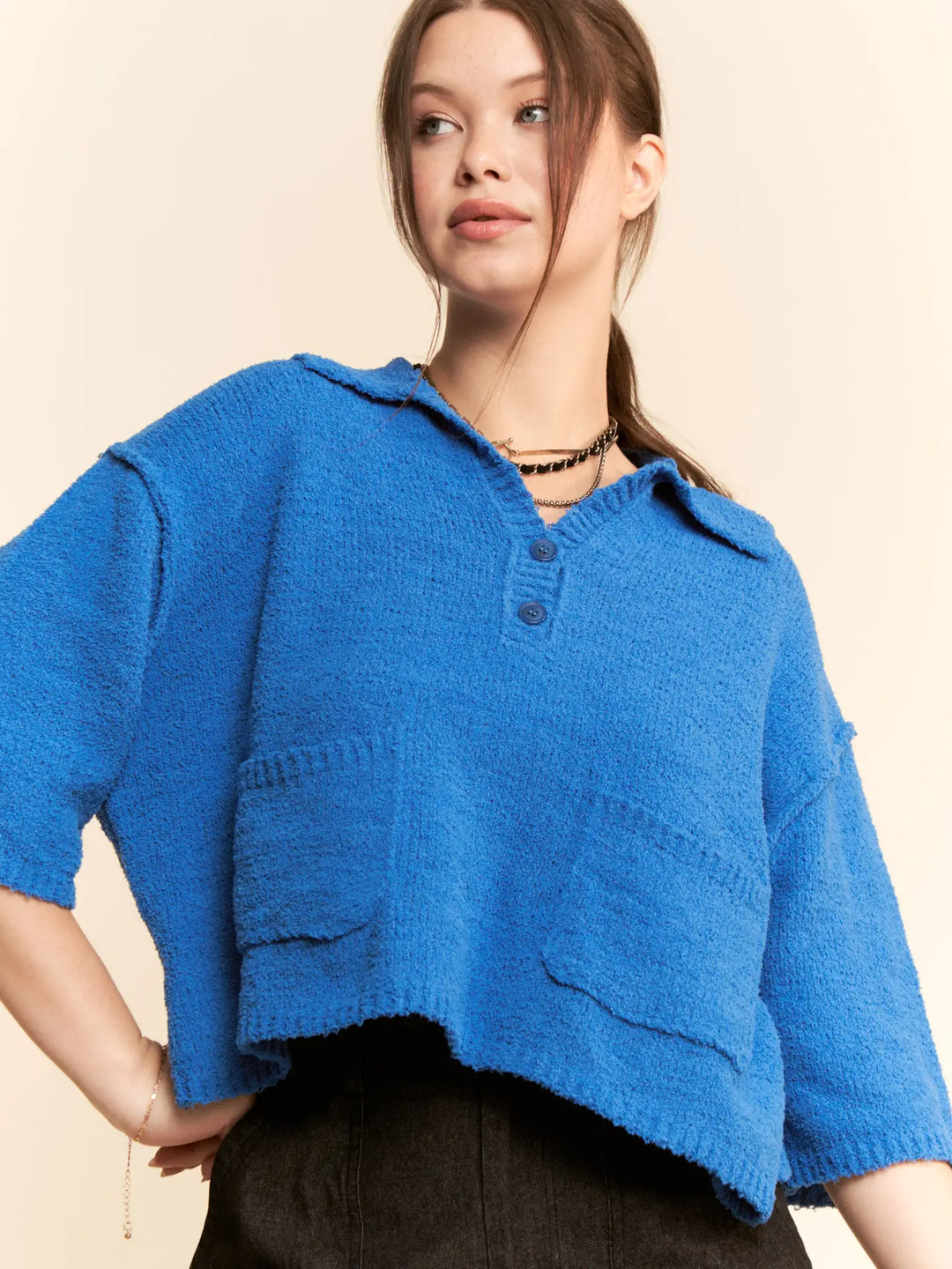 Textured Sweater Knit Knotched V-Neck Top