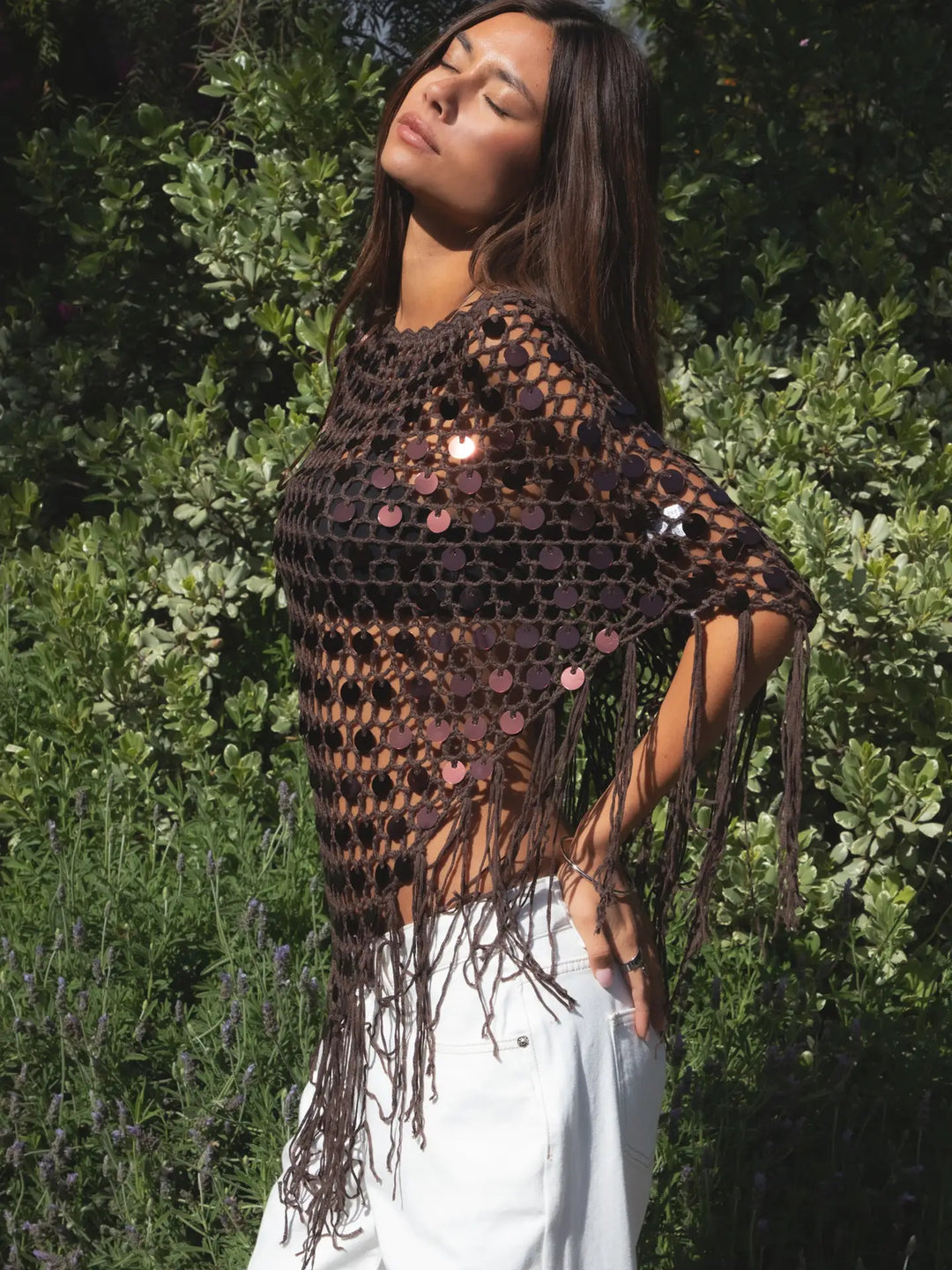 Lunara Sequin Open Crochet Fringe Knit Poncho
