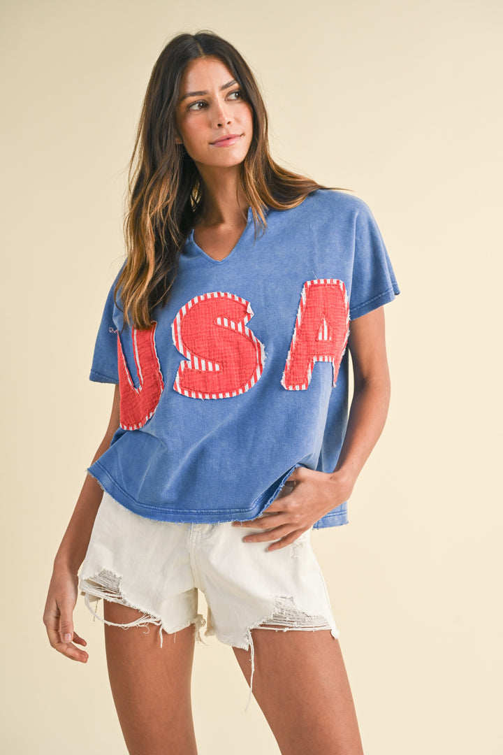 Mineral Washed USA Patched Knit Top