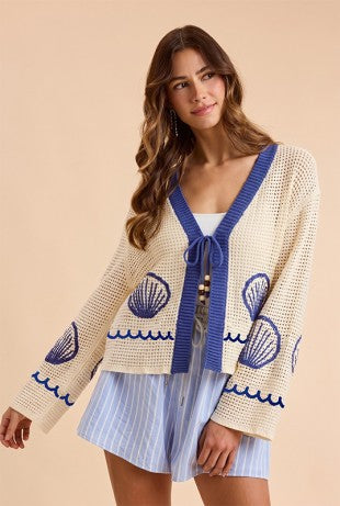 Shell Graphic Open Stitch Knit Cardigan
