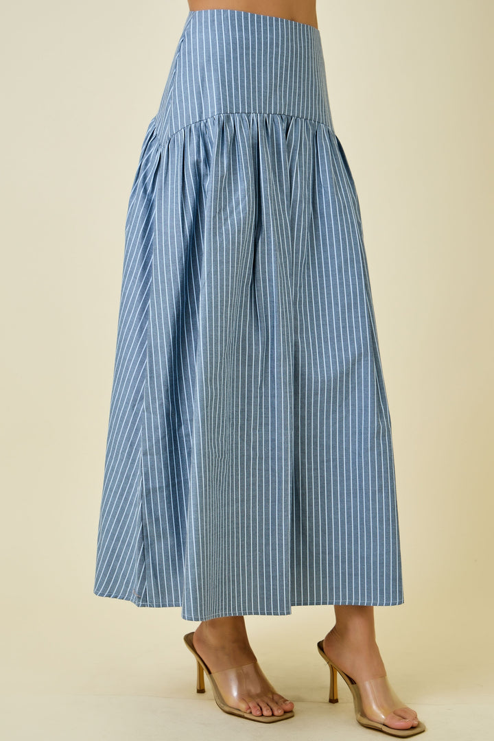 Stripe Flared Maxi Skirt With Curved Yoke