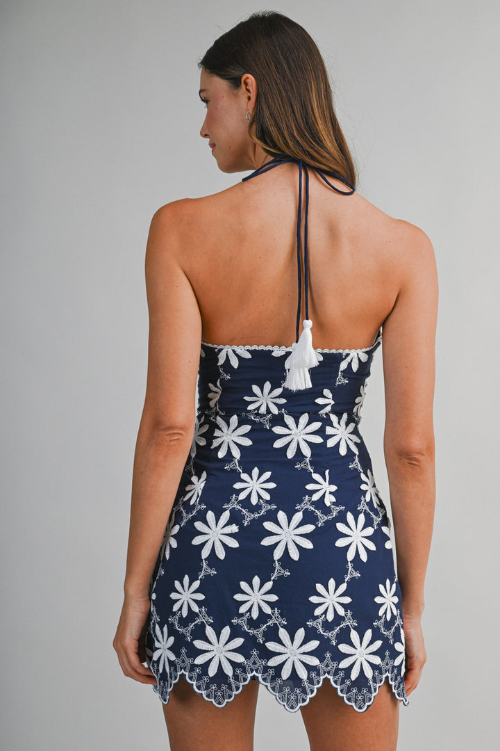Floral Embroidered Halter Neck Back Tie Closure Mini Dress
