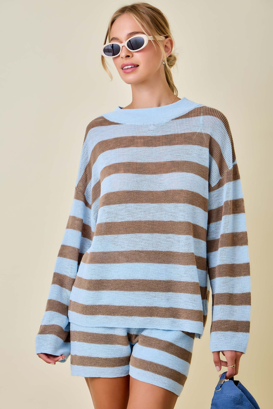 Blue/Brown Mockneck Striped Light Weight Knit Sweater Lounge Top
