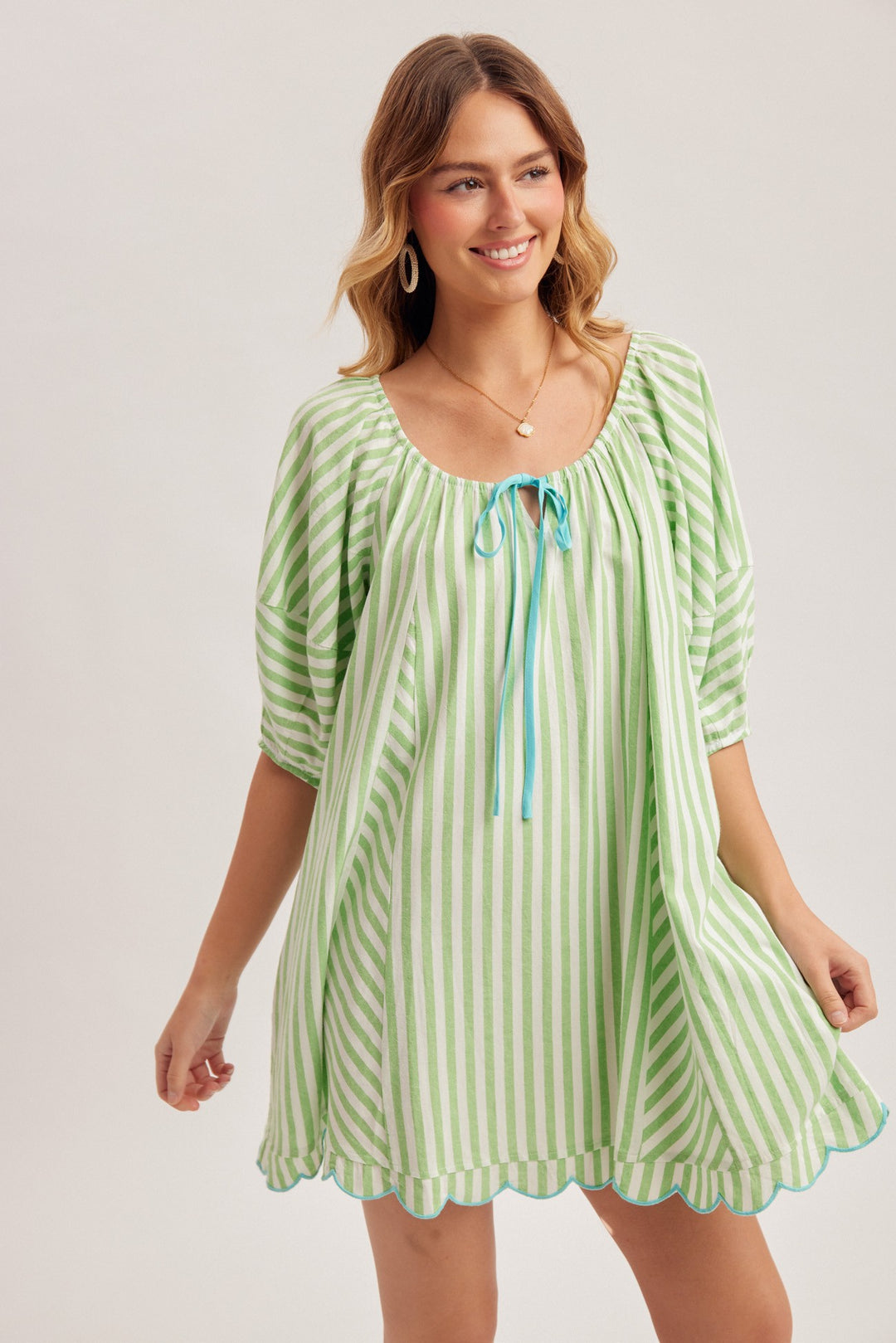 Scallop Embroidered Stripe Babydoll Mini Dress