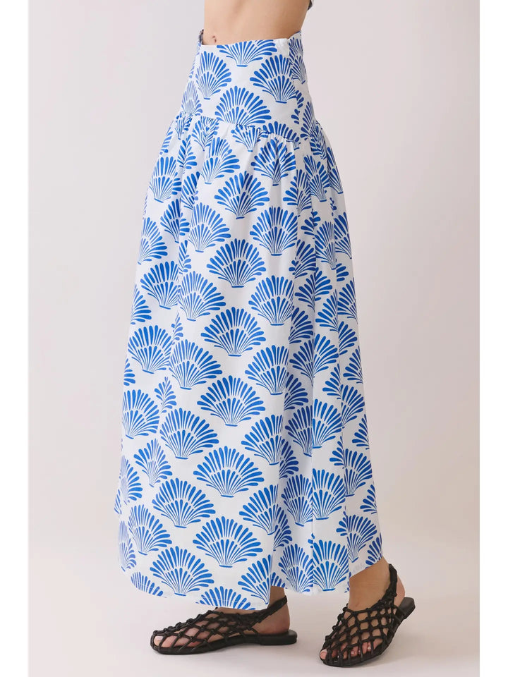 Shell Print Tiered High Waist Midi Skirt