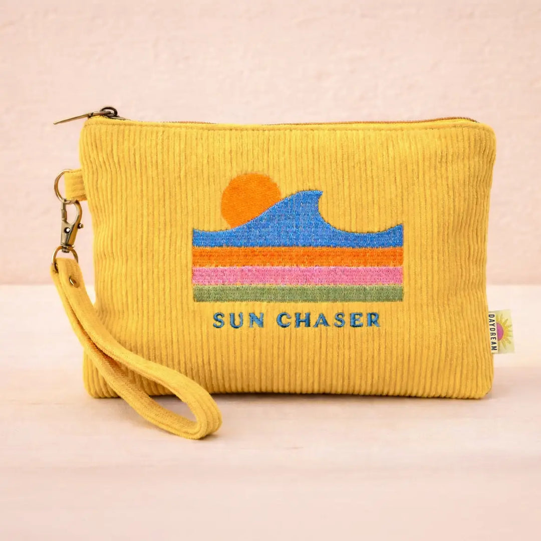 Corduroy Wristlet 7" Zip Pouch | Embroidered Pouch | Summer