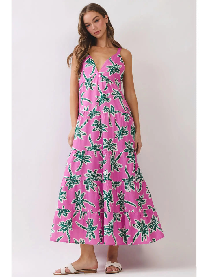 Tropical Palm Print Tiered Maxi Dress