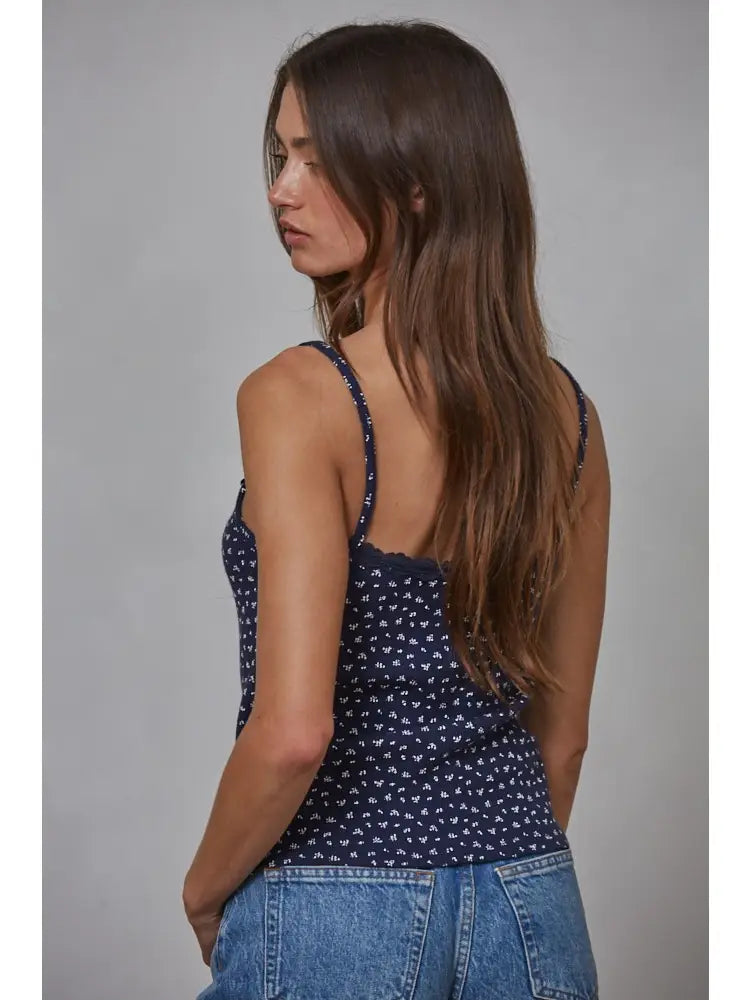 Knit Cotton Polyester Floral Print Waffle Cami Top