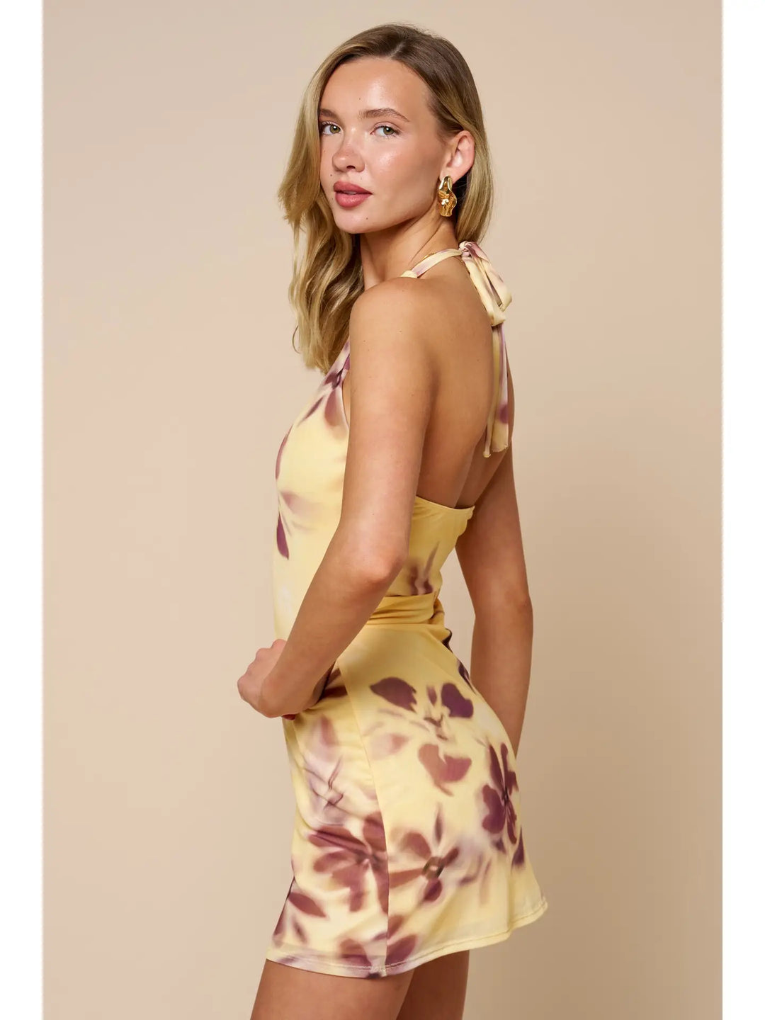 Floral Print High Neck Halter Mini Dress