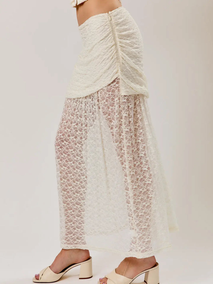 Ruched Asymmetrical Drop Waist Lace Midi Skirt