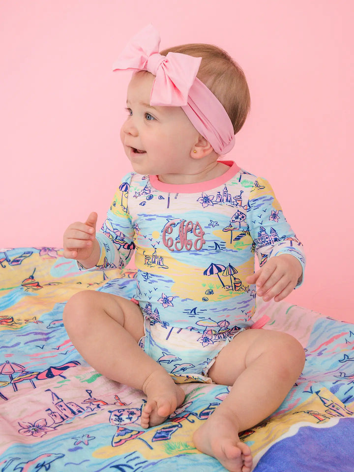Baby Girls Beach Day Long Sleeve One Piece Rash Guard Swimsuit with Signature Rear Ruffles