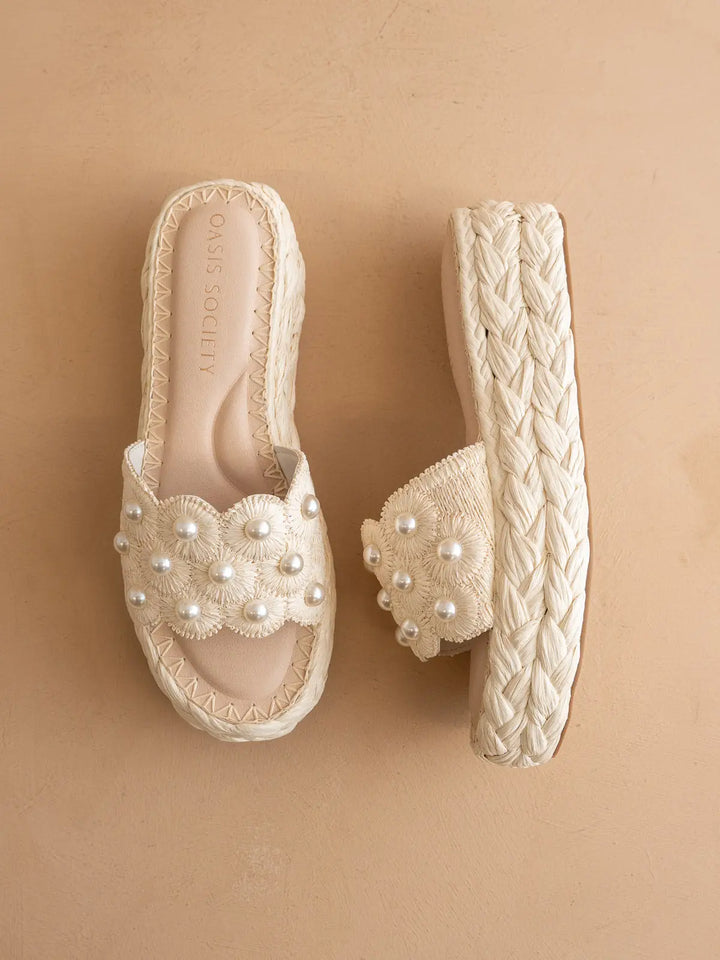 The Candice | Ivory Floral Raffia Platform Slide