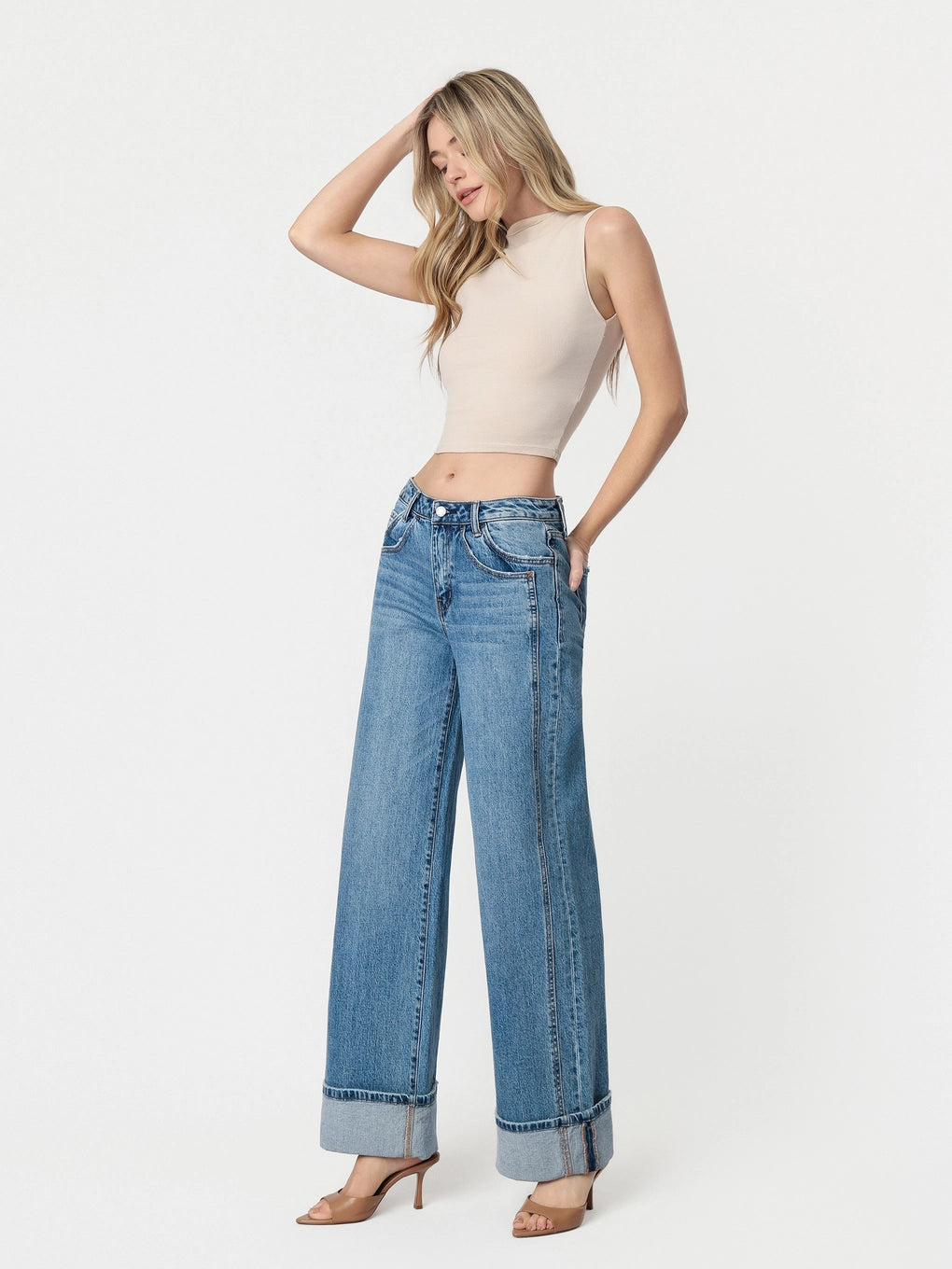 High Rise Cuffed Panel Baggy Wide Jeans | Verevt