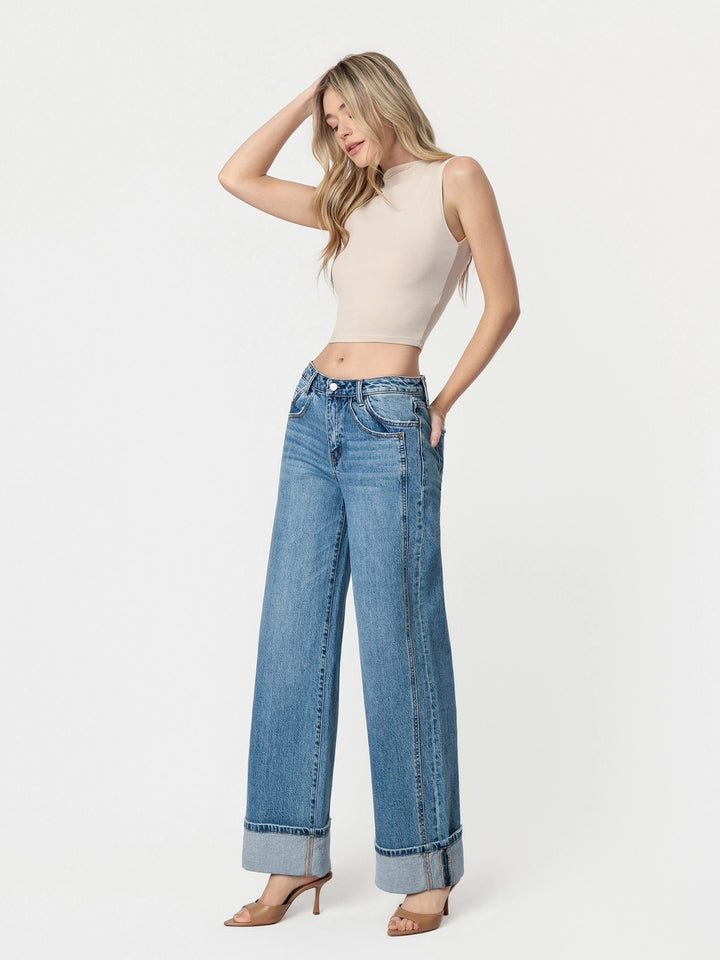 High Rise Cuffed Panel Baggy Wide Jeans | Verevt