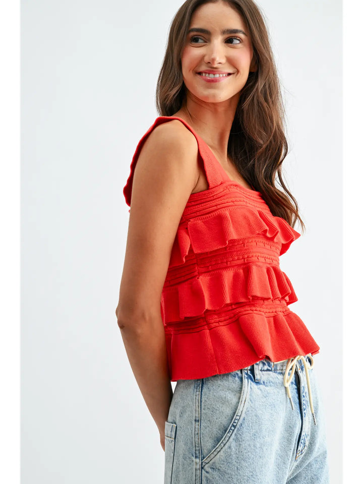 Red Ruffled Knit Sleeveless Top