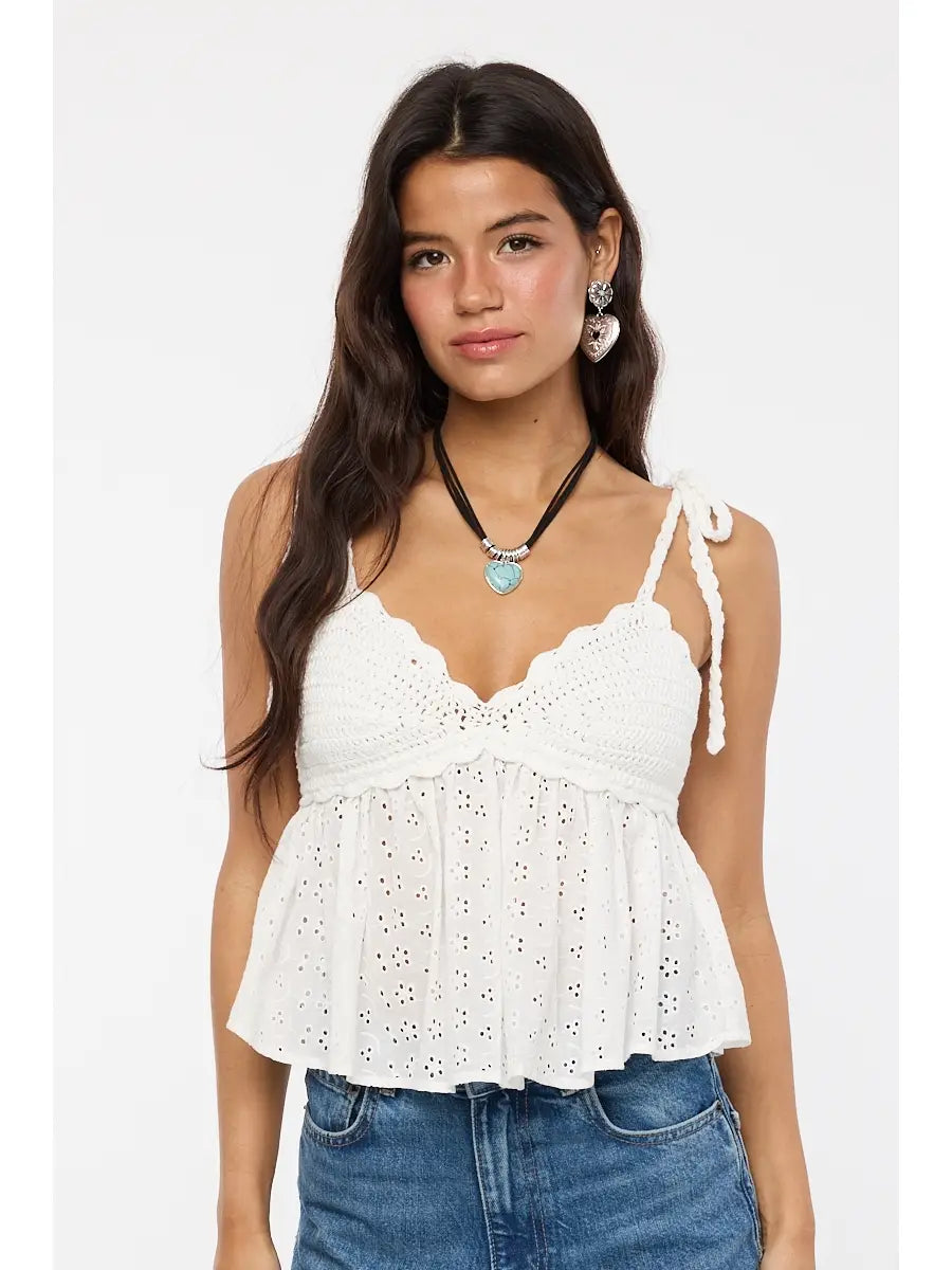 White Eyelet Crochet Bust Tie Strap Ruffle Top
