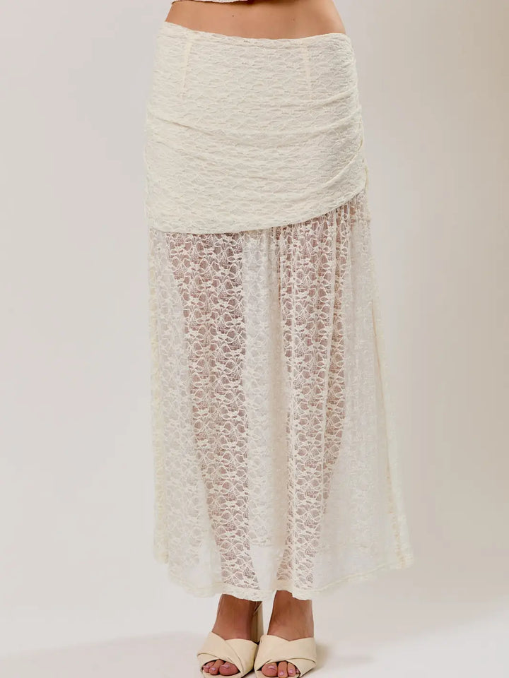 Ruched Asymmetrical Drop Waist Lace Midi Skirt