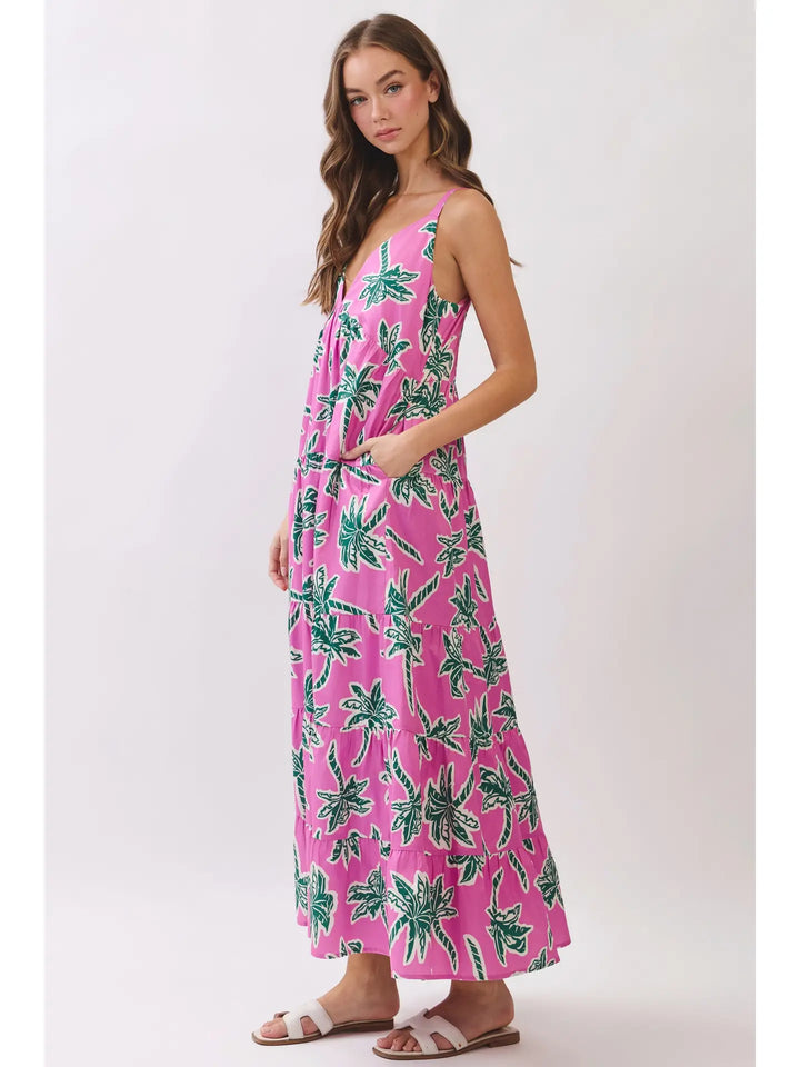 Tropical Palm Print Tiered Maxi Dress