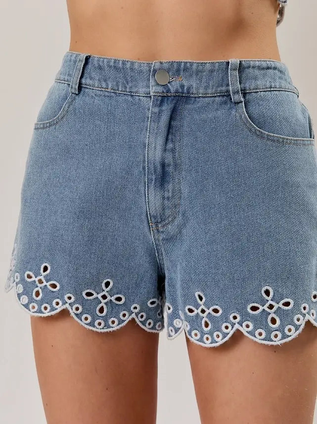 Eyelet Embroidered Denim Shorts