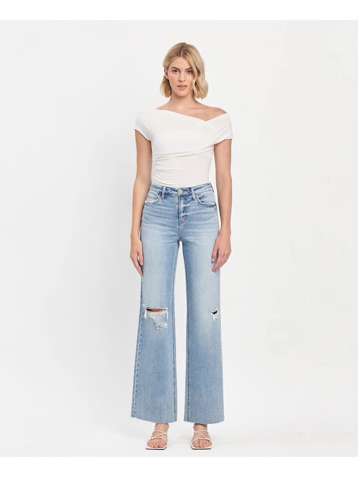 High Rise Clean Cut Raw Hem Wide Leg Jeans