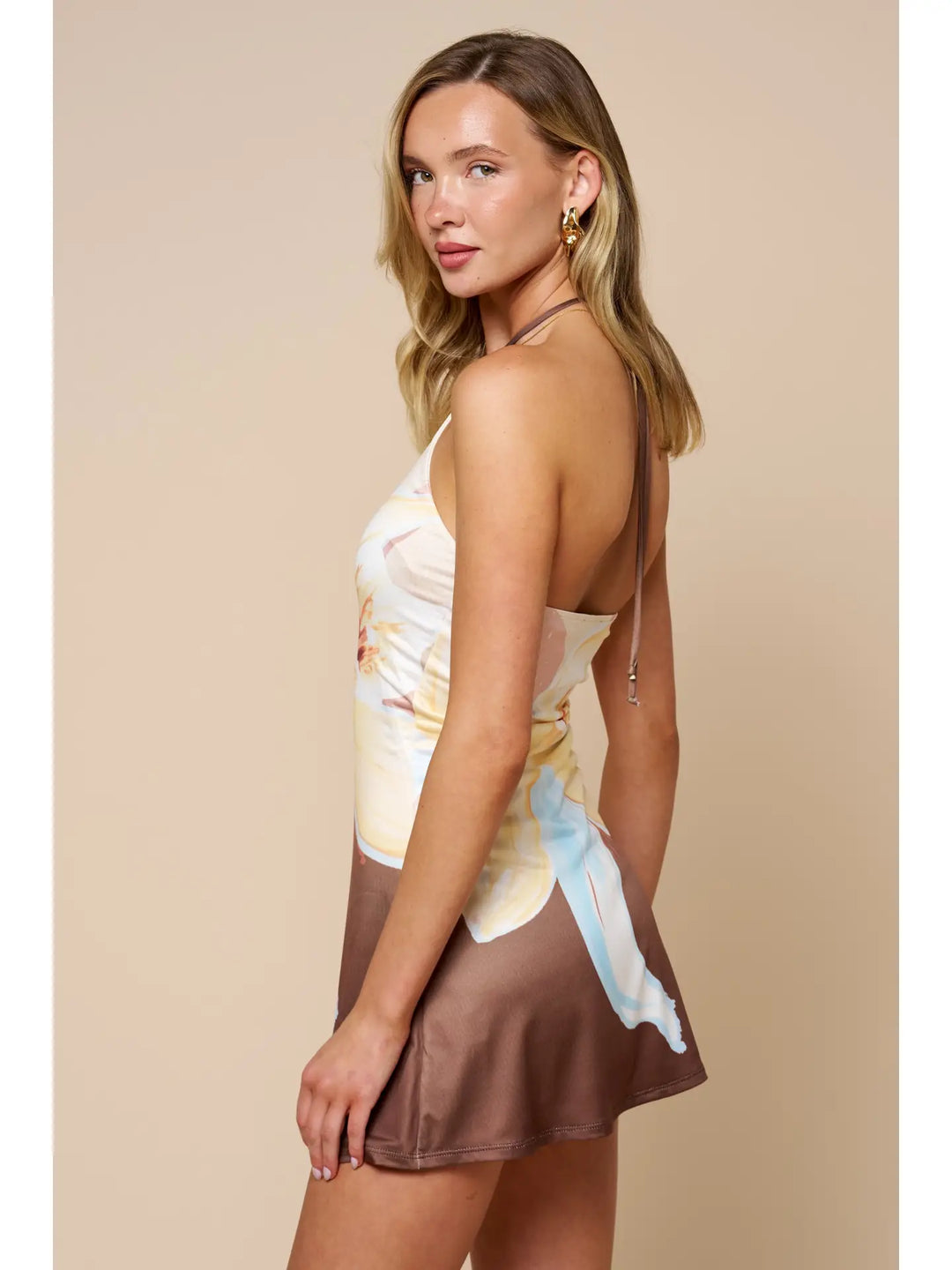 Color Block Floral High Halter Neck Mini Dress