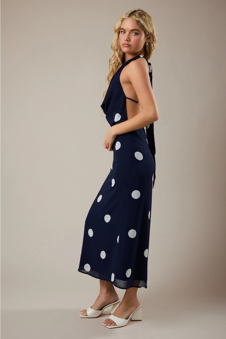 Polka Dot Maxi Dress with Attached Scarf