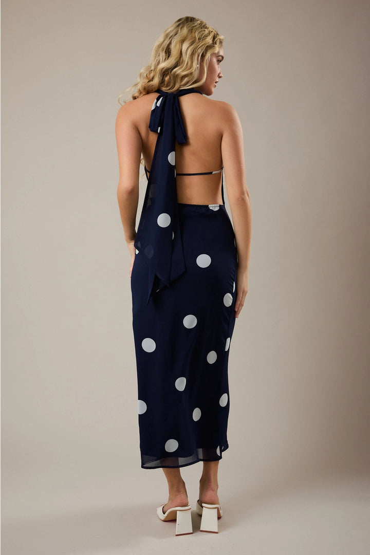 Polka Dot Maxi Dress with Attached Scarf