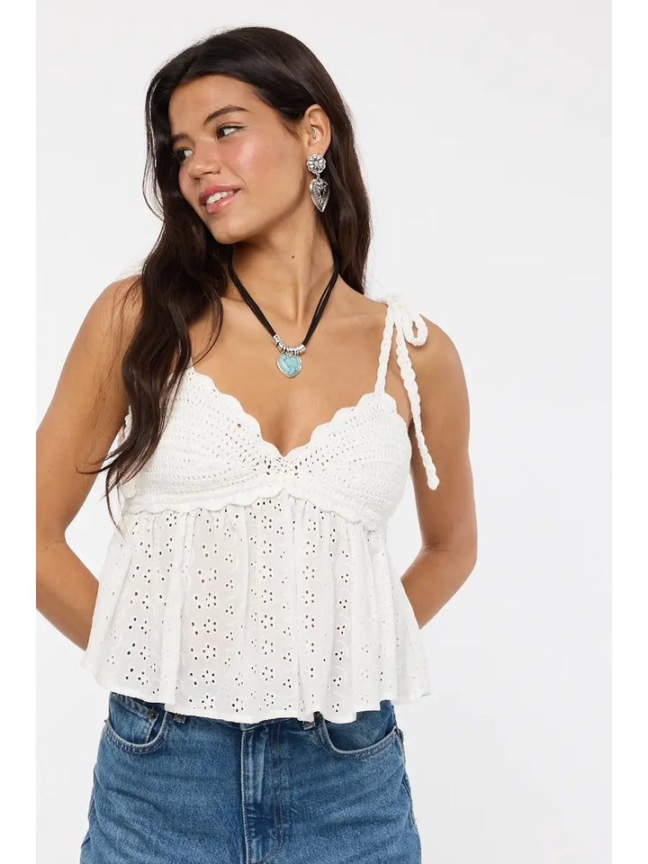 White Eyelet Crochet Bust Tie Strap Ruffle Top