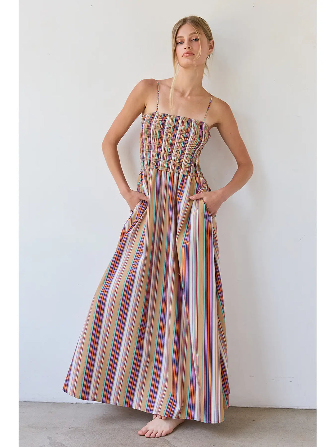 Multicolor Stripe Smocked Maxi Dress