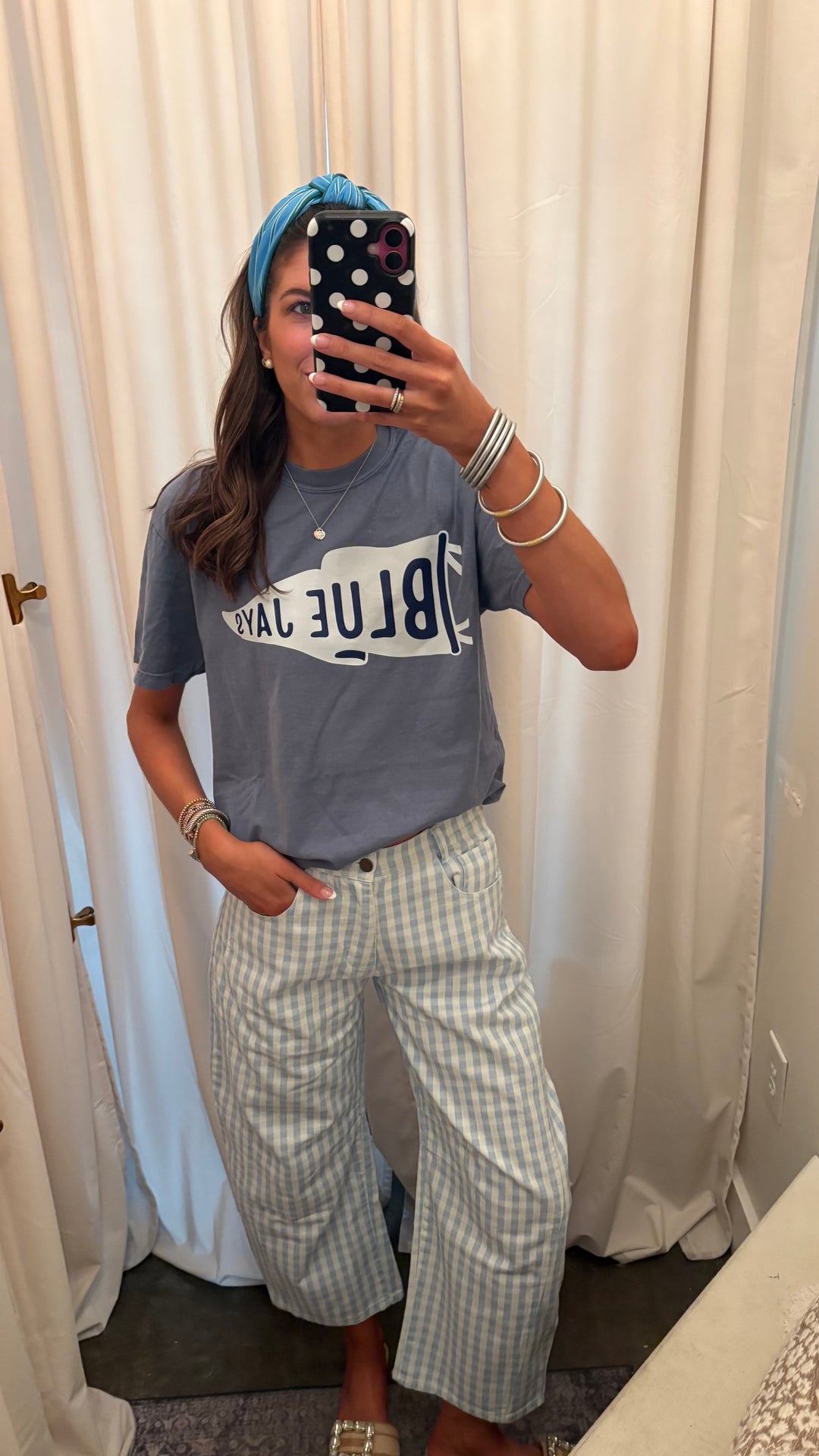 Washed Gingham Printed Twill Barrel Pants