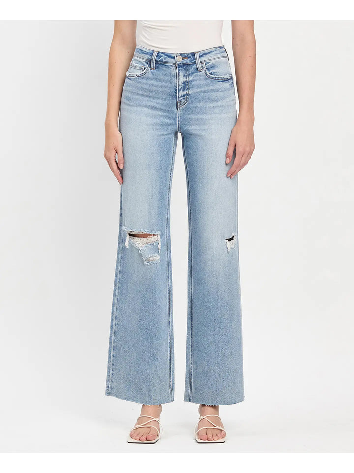 High Rise Clean Cut Raw Hem Wide Leg Jeans
