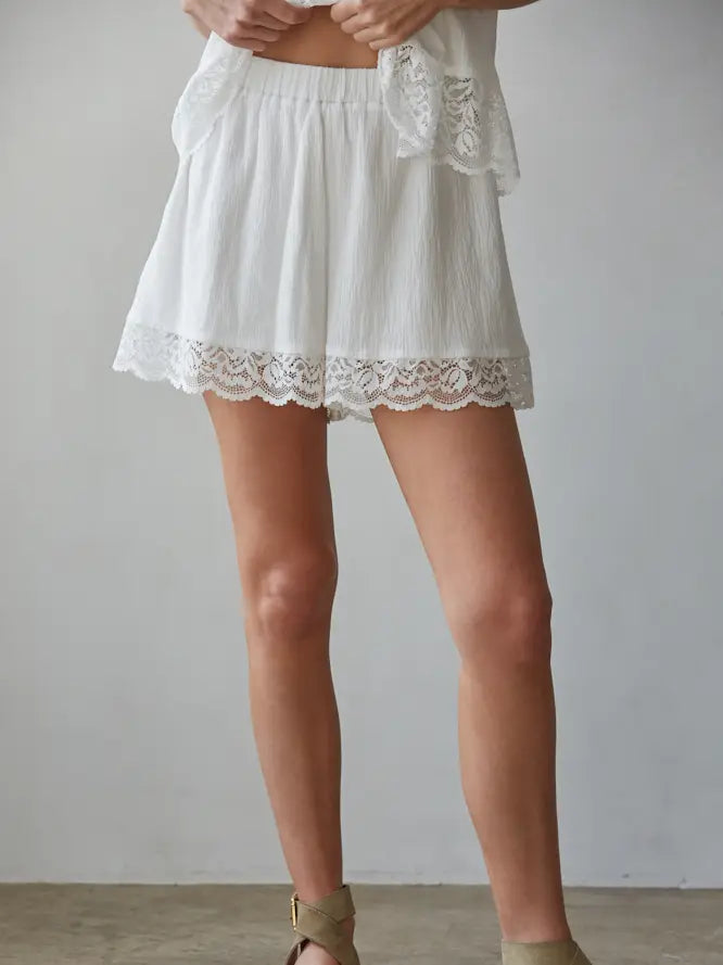 Woven Cotton Shorts with Lace Trim
