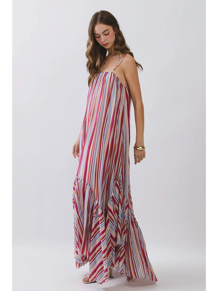 Striped Asymmetrical Tiered Hem Maxi Dress
