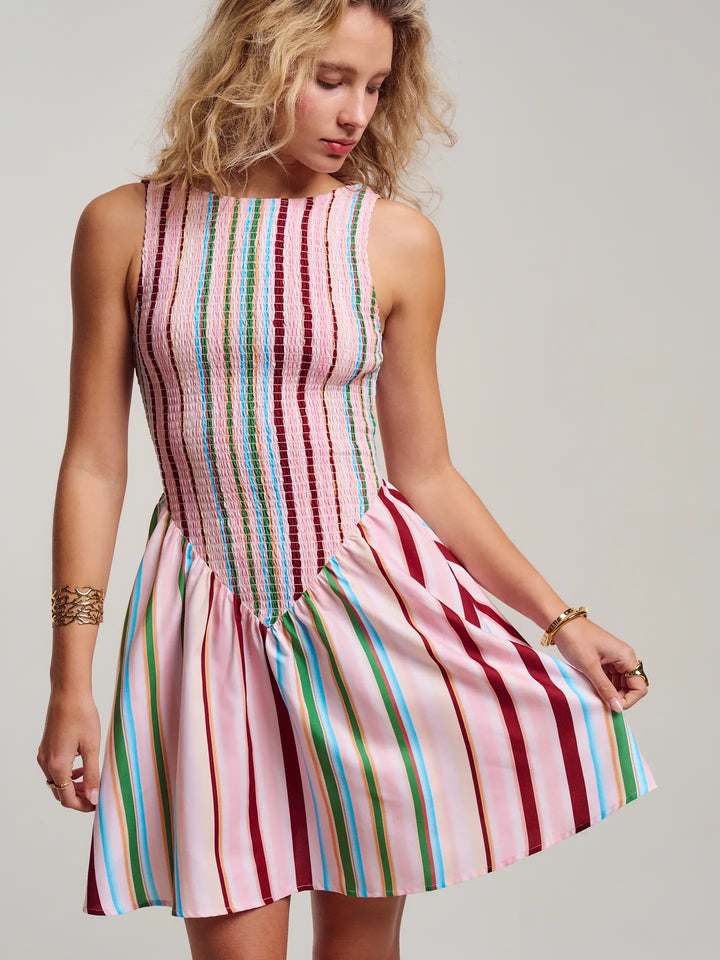 Sorbet Stripe Smocked Bodice Sleeveless Mini Dress