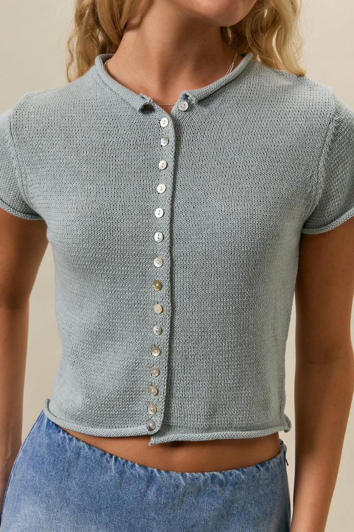 Cap Sleeve Round Neck Button Down Sweater Top