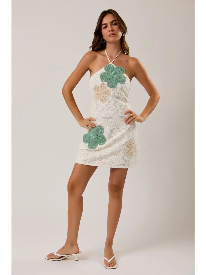 Halter Neck Crochet Trim Detail Mini Dress