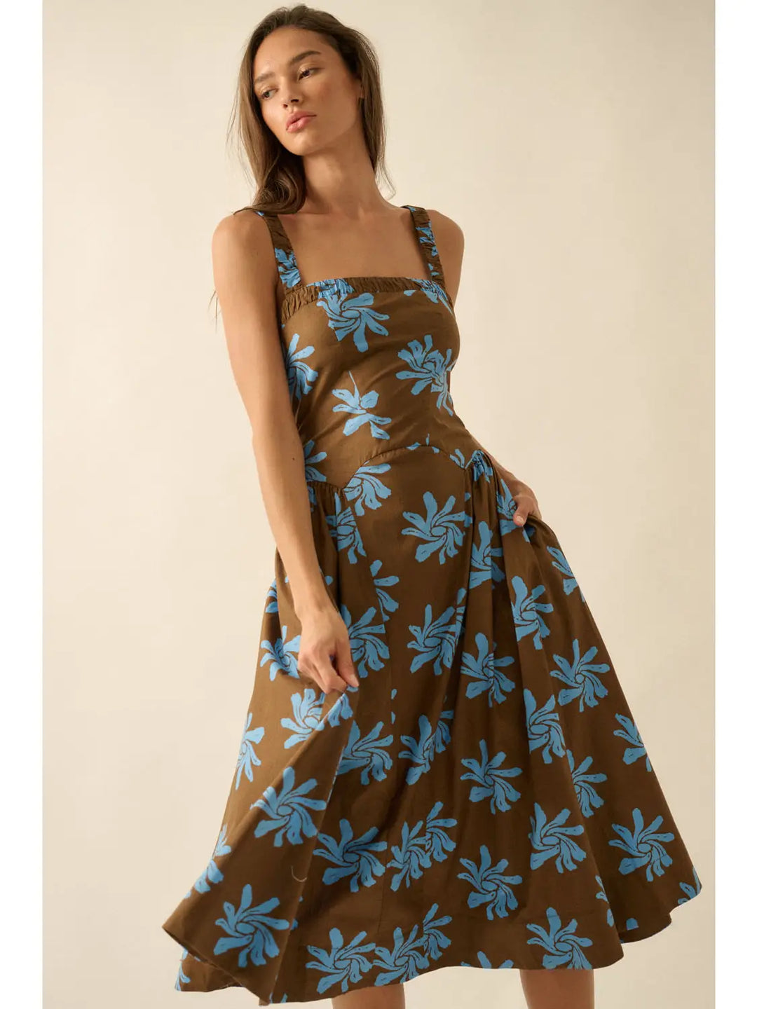 Floral Cotton Drop-Waist Fit-And-Flare Pocket Midi Dress