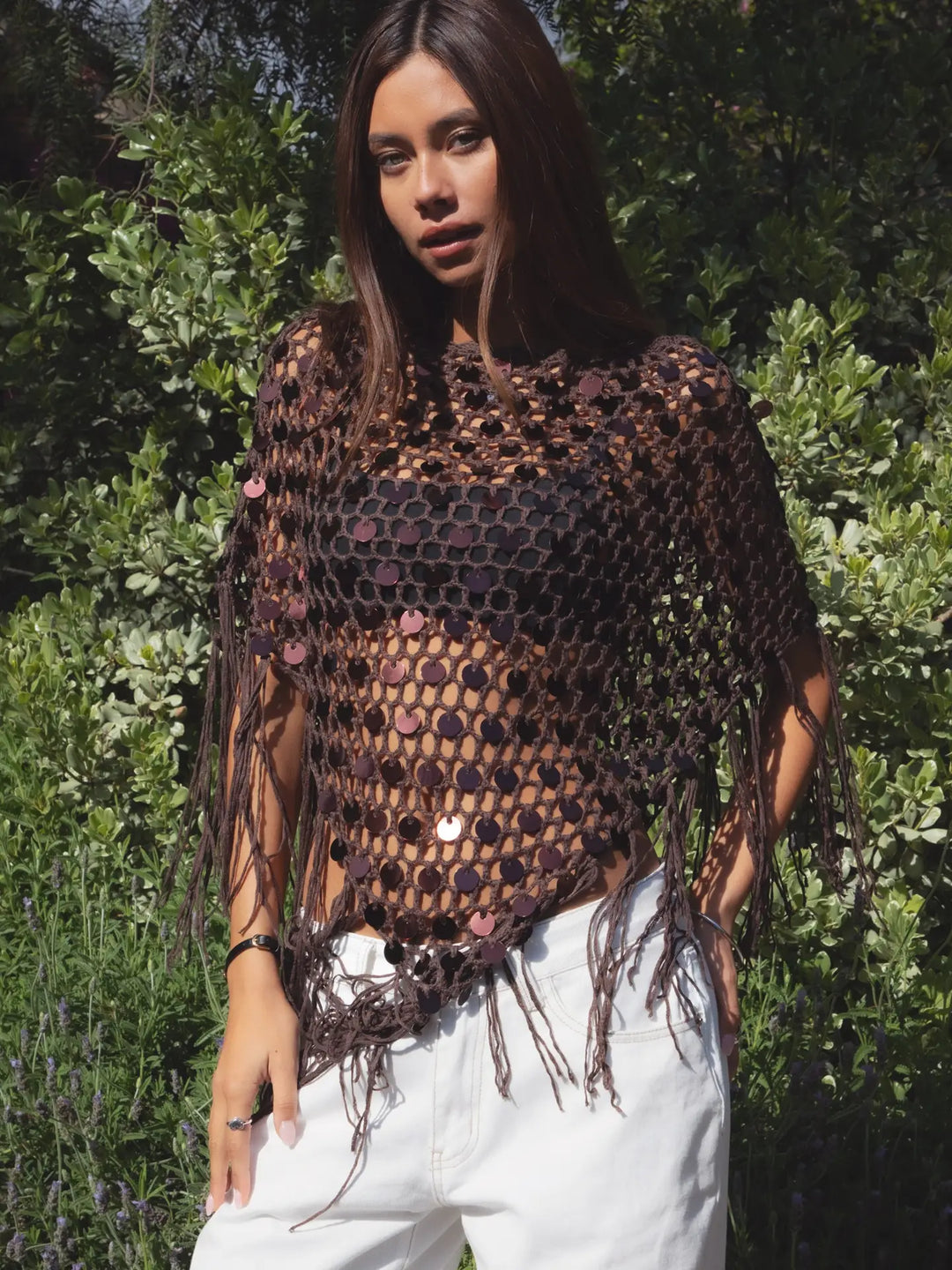 Lunara Sequin Open Crochet Fringe Knit Poncho