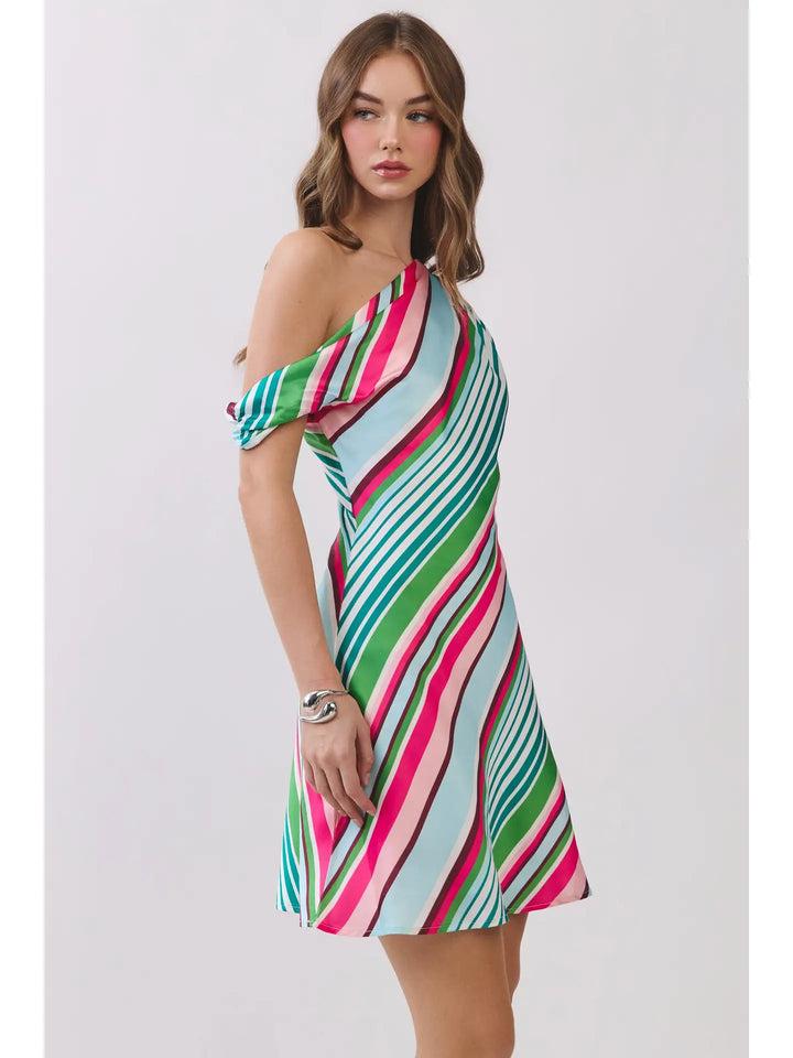 Multi Stripe One Shoulder Mini Dres