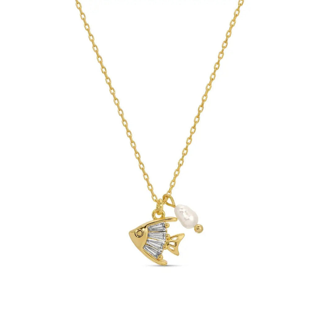Cz Fish Pendant Necklace with Freshwater Pearl