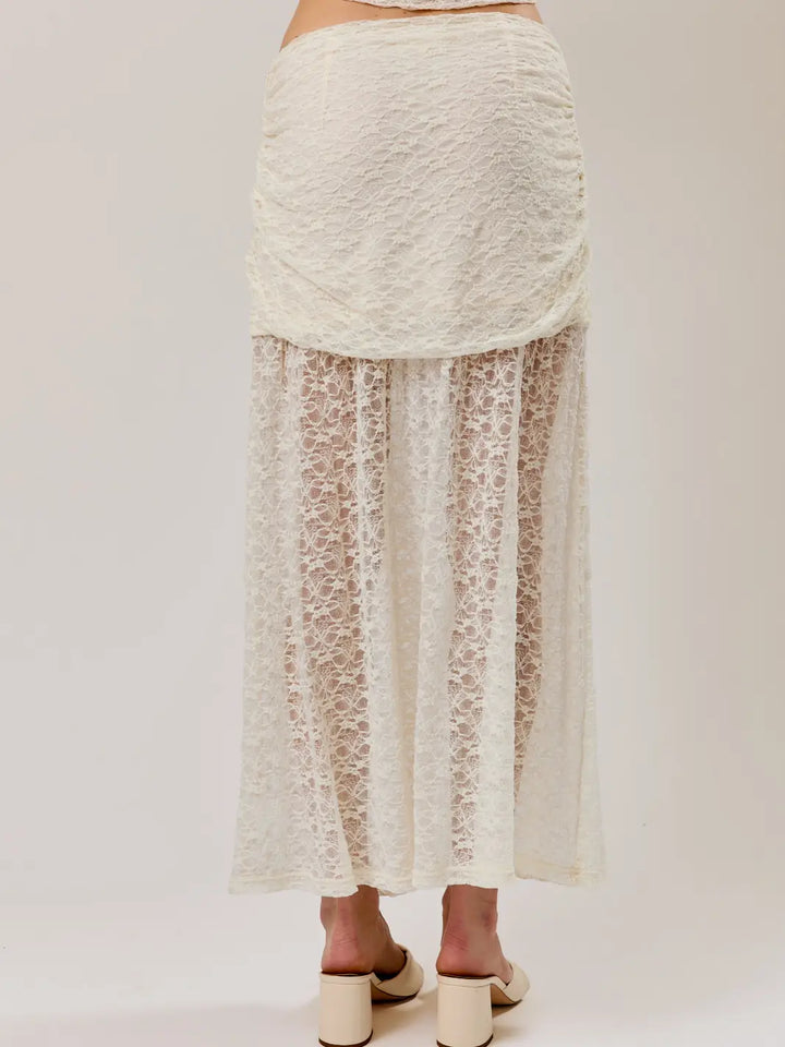 Ruched Asymmetrical Drop Waist Lace Midi Skirt