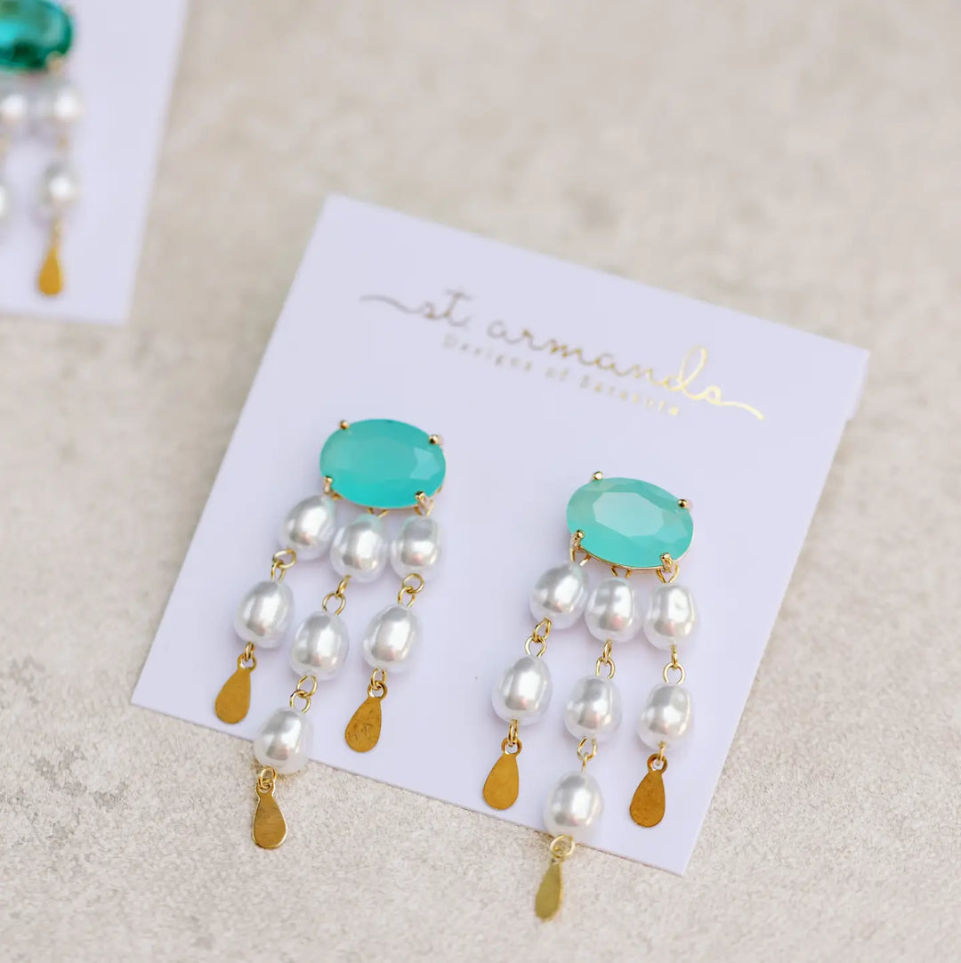 Seaglass and Pearl Tassel Statement Earrings